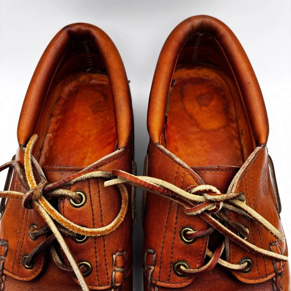Vintage Timberland USA Men's 3-Eye Lug Boat‎ Shoes Vibram Sole Leather 9.5M